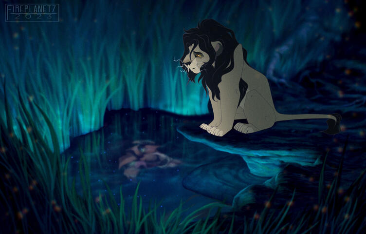 Old version of Mbali looking into the pool and seeing Scar&#39;s reflection.