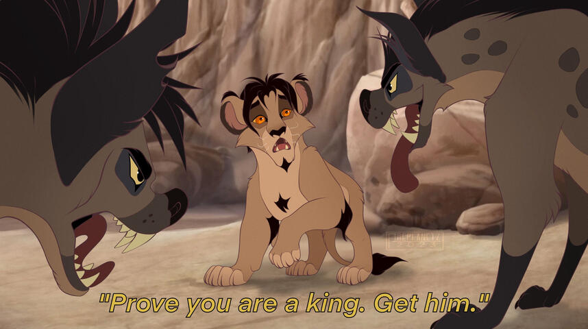 Scar teaches his son how to fight by forcing him to fight the hyenas. The fight leaves Mbali gravely injured.