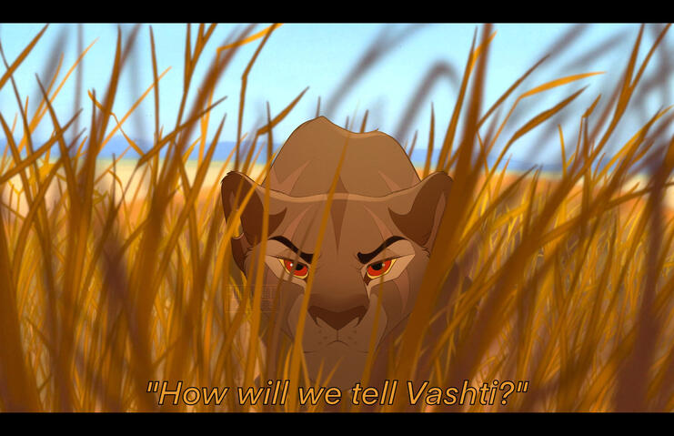 Vashti watches as Okoro and Mbali discuss returning to the Pridelands.