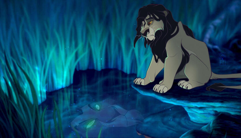 He sees the reflection of his father in the water.