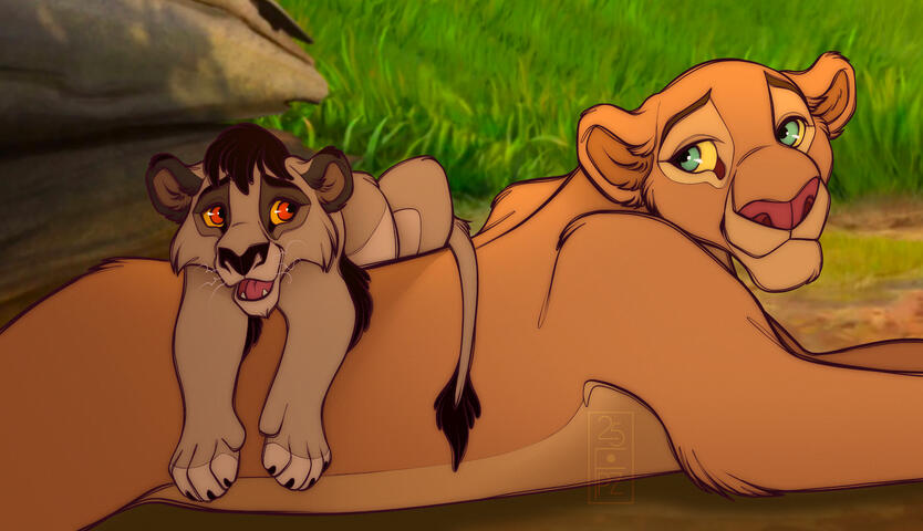 Nala babysitting cub Mbali